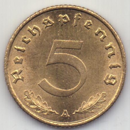 5 пфеннигов 1938 Германия UNC Редкое состояние