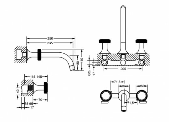Jorger VALENCIA 638.30.360 вентильный смеситель для раковины с керамическими кран-буксами схема 2