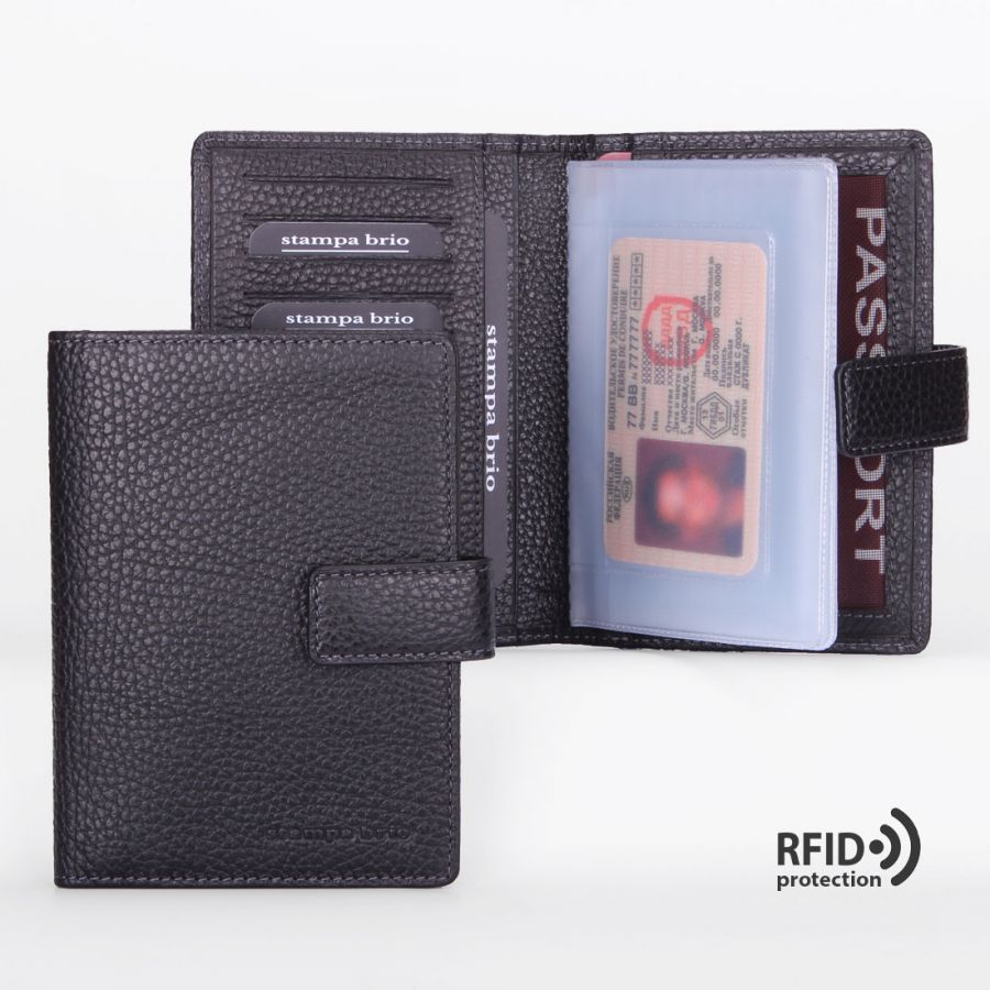 Обложка для документов с хлястиком с RFID защитой Stampa Brio 213-R-1237F Black GRS