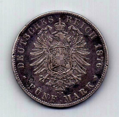 5 марок 1876 года XF Редкий тип! Баден Германия
