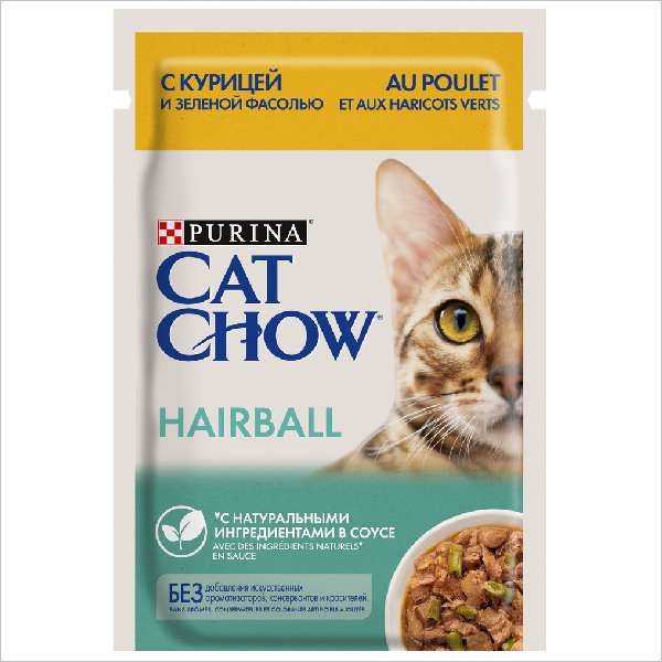 Влажный корм для кошек Cat Chow Hairball кусочки в соусе с курицей и зеленой фасолью