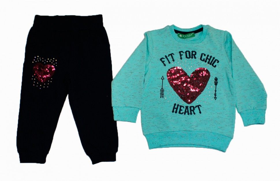 Комплект спортивный для девочки "сердце": свитшот бирюзовый меланж, брюки синие