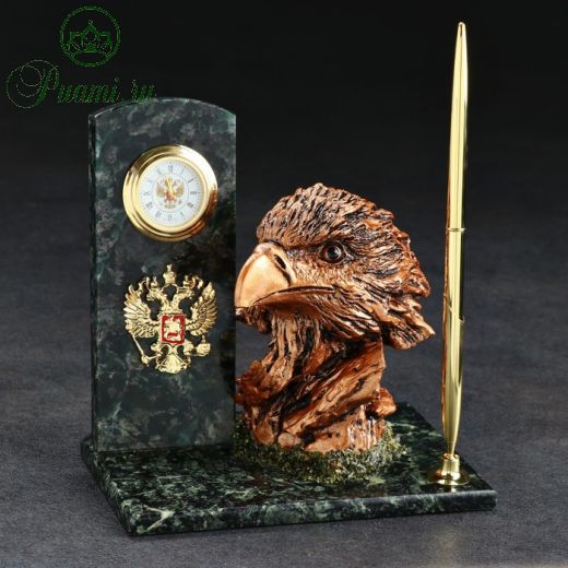 Письменный набор "Орёл", с часами и ручкой, 10х15х15 см, змеевик, гипс
