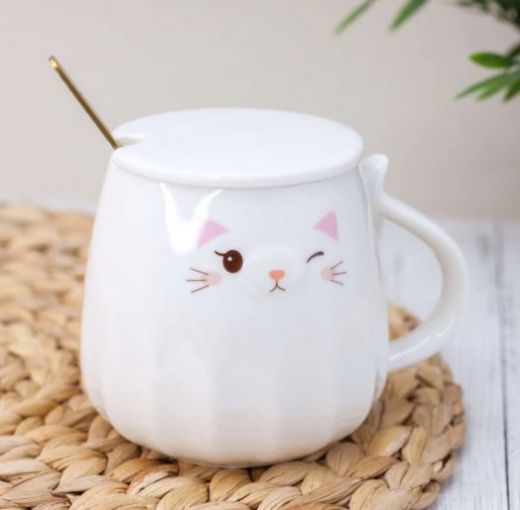 Керамическая кружка подмигивающий котик с ложкой и крышкой