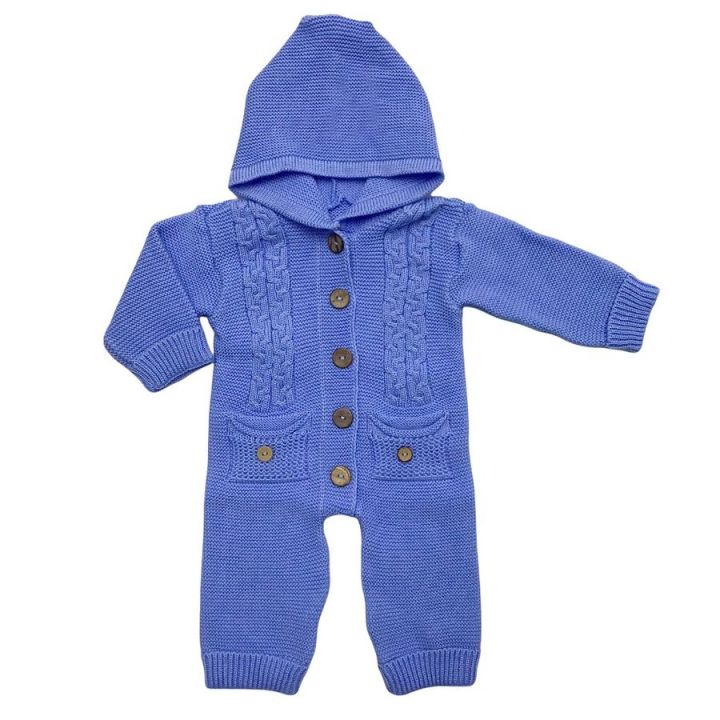 Комбинезон вязаный с капюшоном для новорожденных К-2106 синего цвета