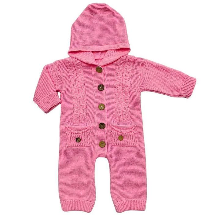 Комбинезон детский вязаный с капюшоном К-2108 розового цвета