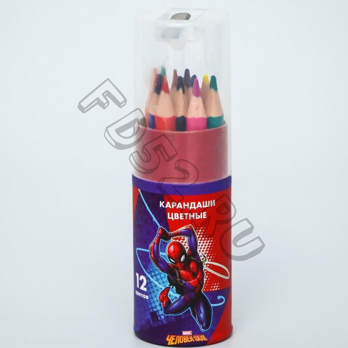 Карандаши цветные с точилкой в тубусе МИНИ, 12 цветов, "Супергерой", Человек-Паук