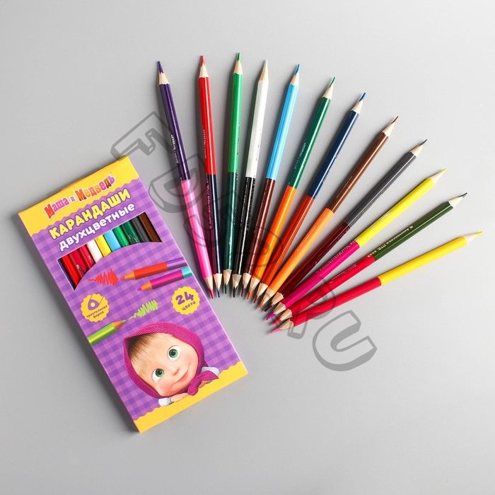 Двухсторонние цветные карандаши 24 цвета, Маша и Медведь, 12 шт