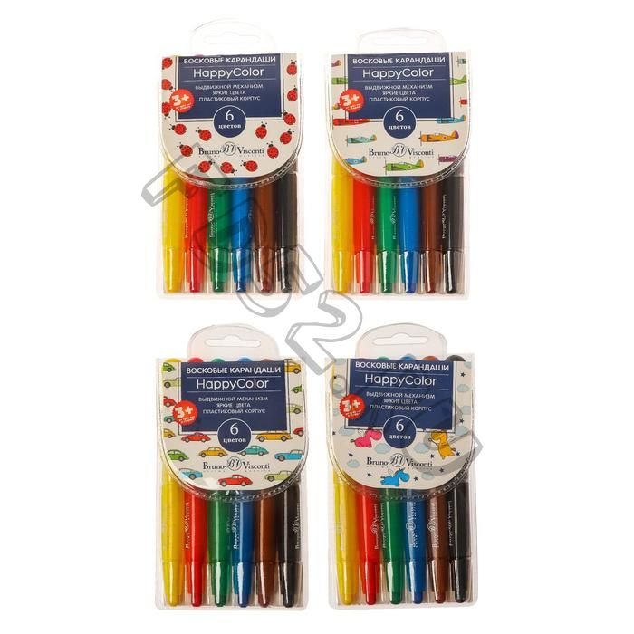 Карандаши восковые 6 цветов HappyColor, выкручивающиеся, пластиковый корпус, пластиковая упаковка, МИКС
