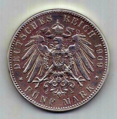 5 марок 1909 Саксония AUNC Германия