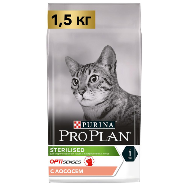Корм для стерилизованных кошек Purina Pro Plan Sterilised OPTISenses для профилактики МКБ с лососем 1.5 кг