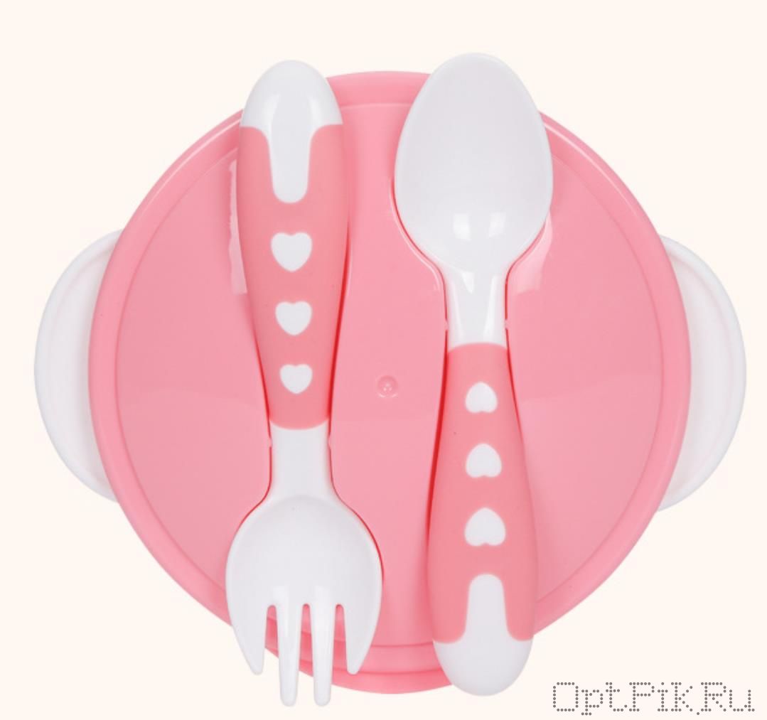 Детская тарелка на присоске с ложкой и вилкой. Розовый цвет