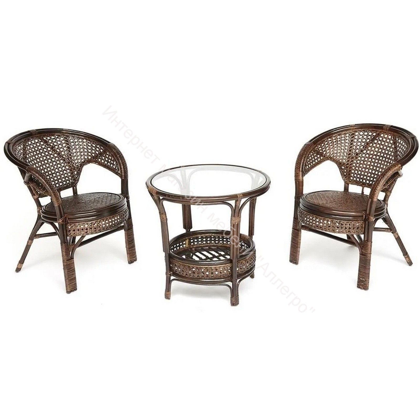 ТЕРРАСНЫЙ КОМПЛЕКТ "PELANGI" (стол со стеклом + 2 кресла) без подушек, ротанг, walnut (грецкий орех)