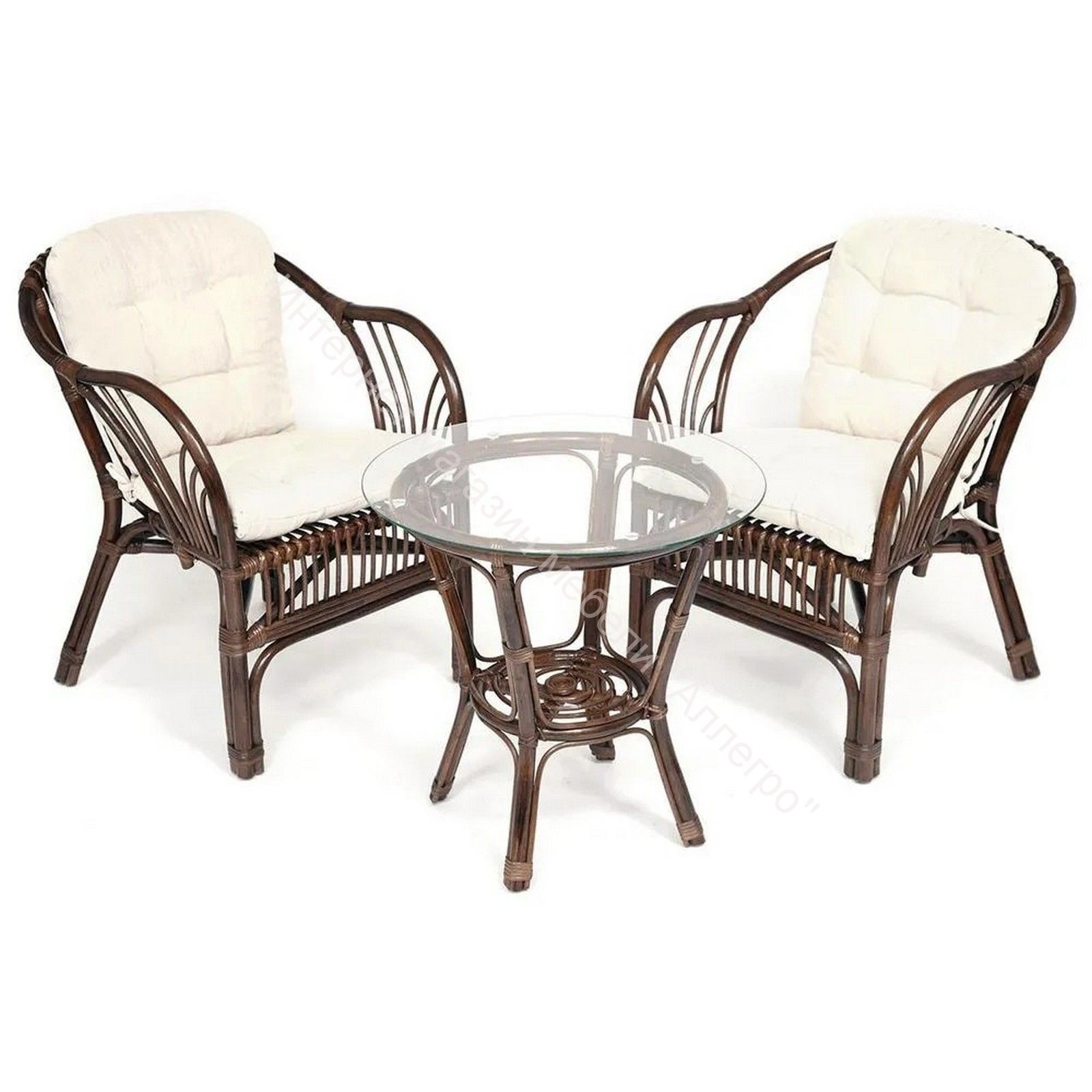 ТЕРРАСНЫЙ КОМПЛЕКТ "NEW BOGOTA" (стол со стеклом + 2 кресла) с подушками, ротанг, walnut (грецкий орех)