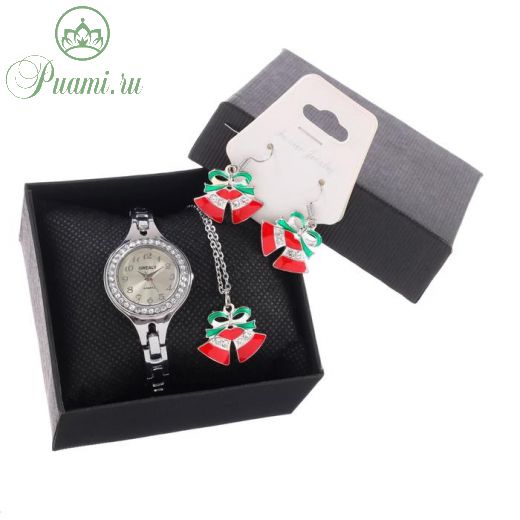 Подарочный набор 3 в 1 "Новый год": наручные часы d=2.7 см, серьги, кулон