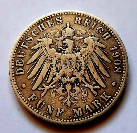 5 марок 1908 Саксен-Мейнинген Германия Редкость