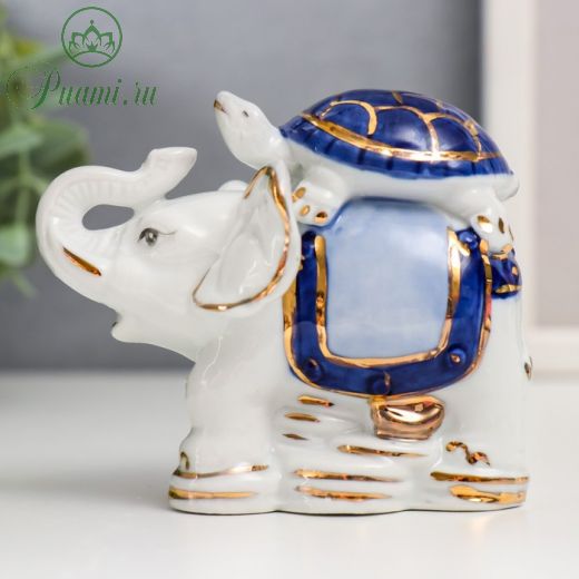 Нэцкэ керамика "Слон с черепахой" голубой h=9,5х10 см