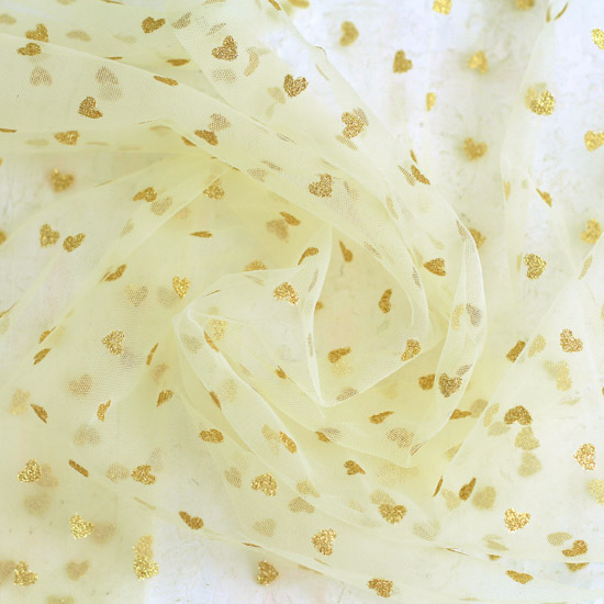 Мягкий фатин - Сердечки золотые глиттерные на желтом 150*25 см.