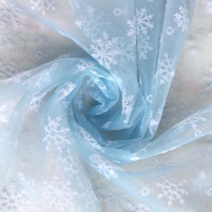 Мягкий фатин  - Голубой со снежинками 150*25 см.
