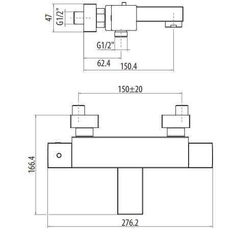 Смеситель для ванны термостатический на 2 выхода (подсоединение шланга снизу) Gattoni Kubik TSQU202 схема 2