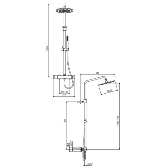 Душевая система с термостатическим смесителем, верхним и ручным душем Gattoni H2OMIX7000 KIT/TS01 ФОТО