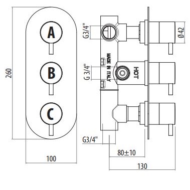 Смеситель для душа термостатический встраиваемый, на 2 выхода Gattoni Circle One  TS993/22 схема 2