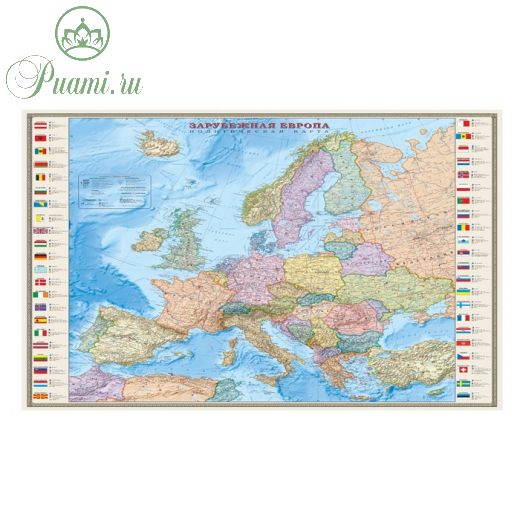 Карта Зарубежной Европы, политическая, 140 х 156 см, 1:3,2 м, с флагами, ламинированная