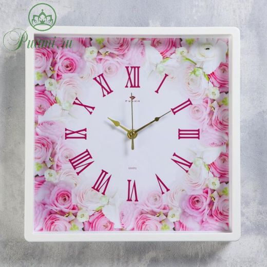 Часы настенные квадратные "Розы", 30х30 см, обод белый