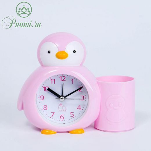 Будильник "Пингвинёнок", с карандашницей, дискретный ход, d=6 см, 12 х 14.5 см, розовый