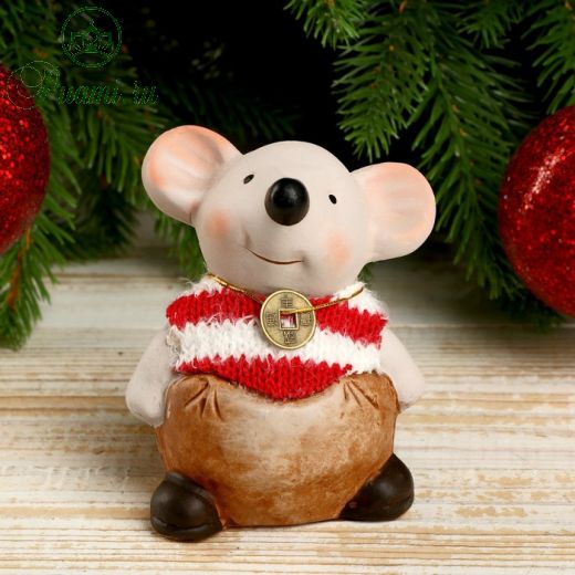 Сувенир керамика "Мышонок-толстяк в полосатом свитере с монеткой на счастье" 8,5х5,2х7 см