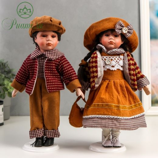 Кукла коллекционная парочка набор 2 шт "Поля и Кирилл в одежде цвета охра" 30 см