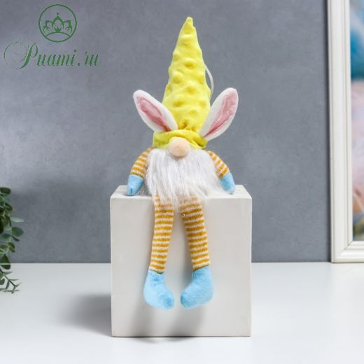 Кукла интерьерная свет "Гном в шапке с зайчьими ушами, длинные ножки" жёлтый 30х8 см