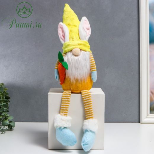 Кукла интерьерная "Гном в шапке с зайчьими ушами, с морковью" длинные ножки жёлтый 26х7х6 см   75095