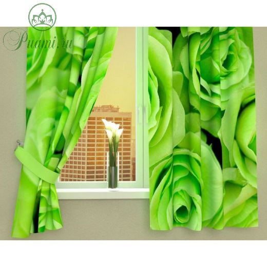 Фотошторы кухонные «Зеленые розы», размер 145 х 160 см - 2 шт., габардин
