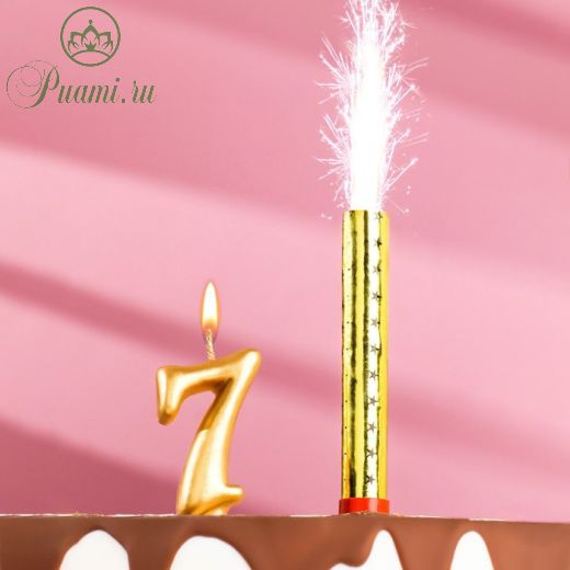 Свеча для торта цифра "Овал + фонтан" золотая "7"