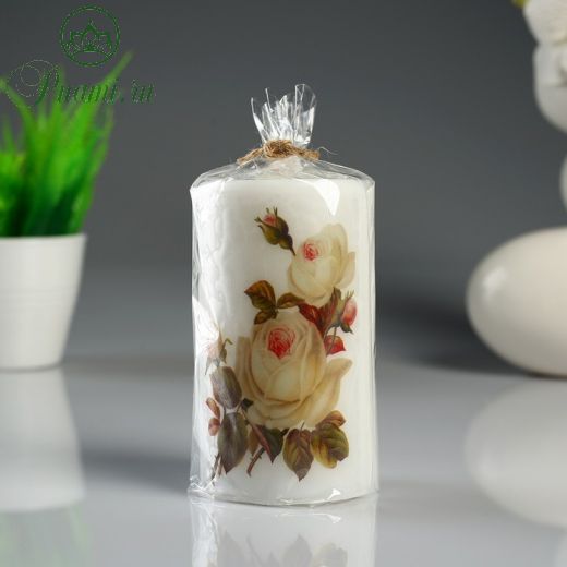 Свеча- цилиндр "Кремовая роза" белая, с декором, 6?10 см