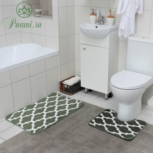 Набор ковриков для ванны и туалета Доляна «Грация», 2 шт: 50?80, 50?38 см, цвет зелёный