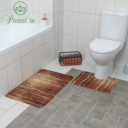 Набор ковриков для ванны и туалета Доляна «Досочки», 2 шт: 79?50, 50?39 см, цвет коричневый