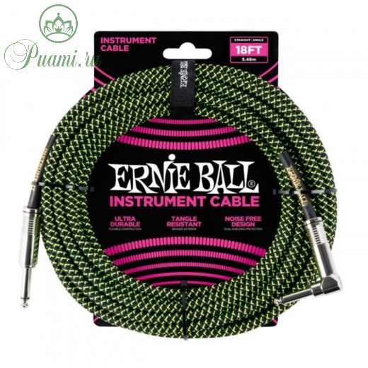 Кабель инструментальный ERNIE BALL 6082 - оплетенный, 5,49 м, прямой/угловой джеки, чёрно - зелёный