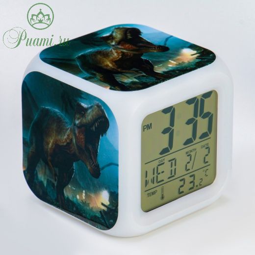 Часы настольные электронные "Динозавр" с подсветкой, будильник,термометр,календарь, 8х8 см