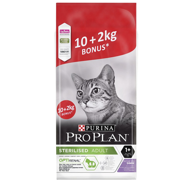 Корм сухой для стерилизованных кошек Pro Plan Sterilised OPTIRenal с индейкой 10 кг + 2 кг в подарок
