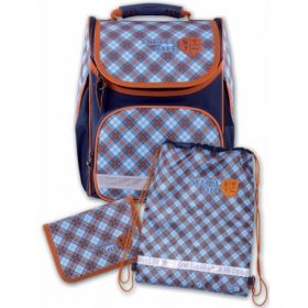 Рюкзак ранец школьный "Шотландка", 35х26х15 см, голубая, с пеналом и мешком для обуви (арт. 43271)