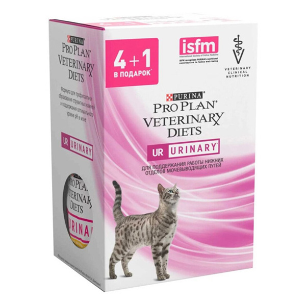Влажный корм для кошек Pro Plan Veterinary Diets UR St/Ox при болезни нижних отделов мочевыводящих путей курица и лосось  5 шт. х 85 г (пауч 85 г в подарок)