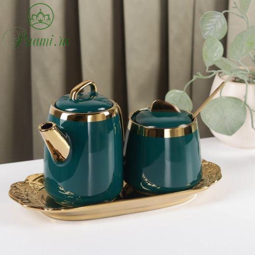 Набор сервировочный «Богема», 2 предмета: чайник 250 мл, сахарница с ложкой 250 мл, цвет зелёный