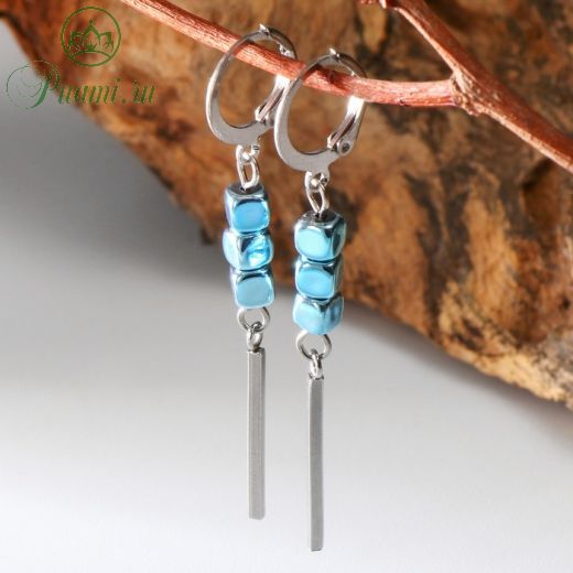 Серьги "Гематит" трио, кубики, цвет голубой в серебре, 5,5см