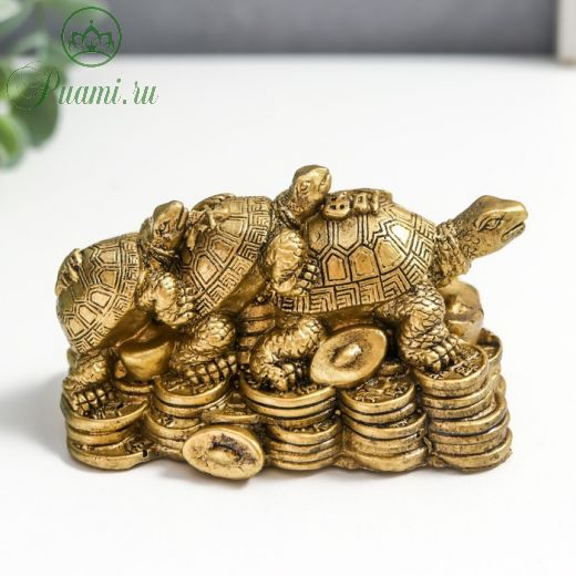 Нэцкэ полистоун "Три черепахи на монетах со слитком золота" бронза 5х6х9 см