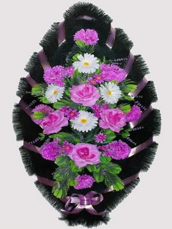 Фото Ритуальный венок из искусственных цветов #17 фиолетово-белый из роз, гвоздик и зелени