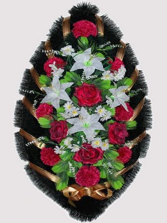 Фото Ритуальный венок из искусственных цветов #13 красно-белый из роз, лилий и зелени