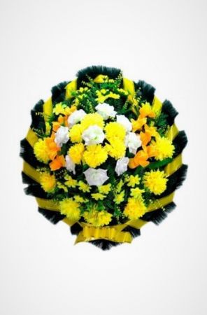 Фото Ритуальный венок Круг желтый из роз, хризантем, гладиолусов