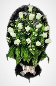 Фото Ритуальная корзина "Александрия №1" из белых роз и зелени